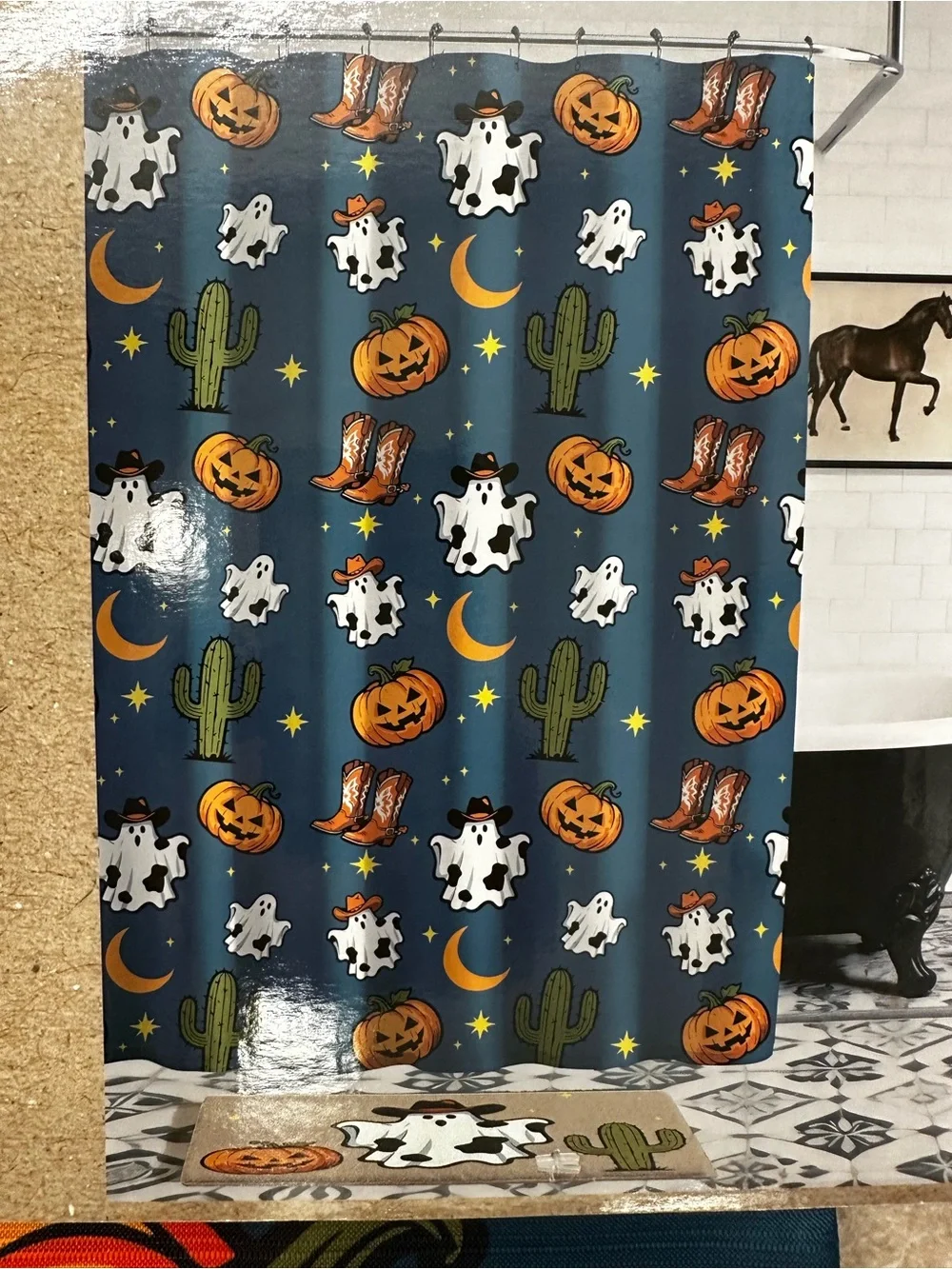 Ghost Pumpkins Blue Shower Curtain & Bath Rug Set - Wrangler NWT